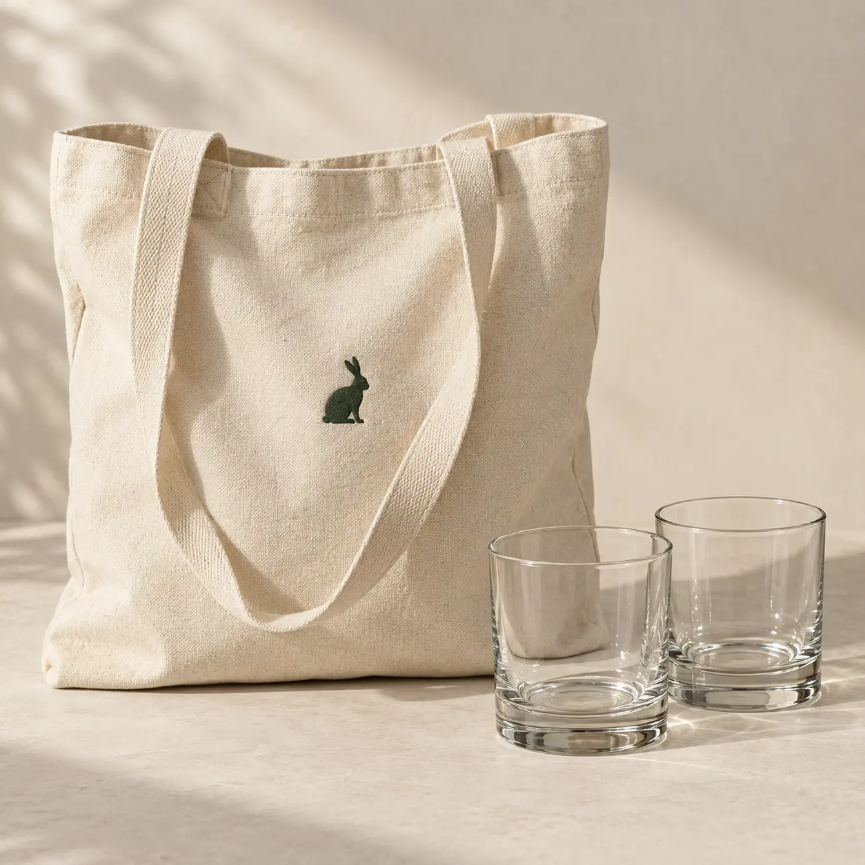 A natural canvas tote beside clear glassware in a Dry Rabbit home-bar setting.