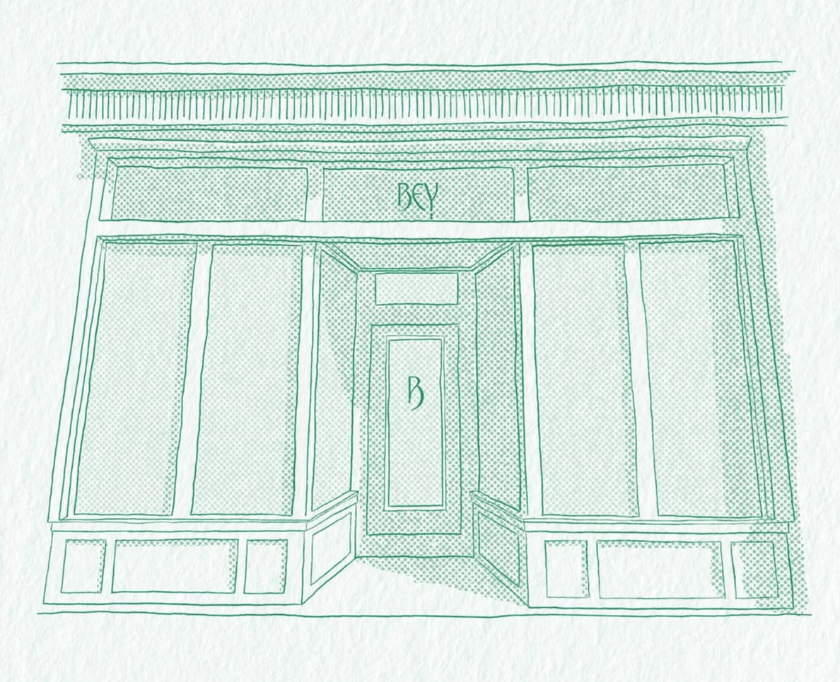 Green ink architectural rendering of the Bey storefront