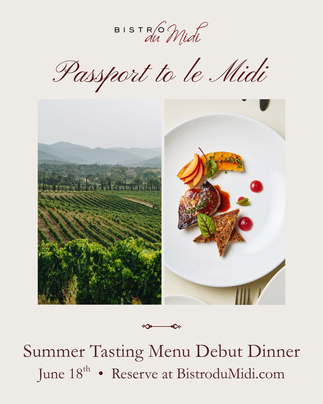 Passport to Le Midi Chef's Dinner ✨🇫🇷 June 18th

Join Chef Partner Robert Sisca, Executive Pastry Chef Tab Volpe, and Beverage Director Ben Chesna for the debut of Bistro du Midi