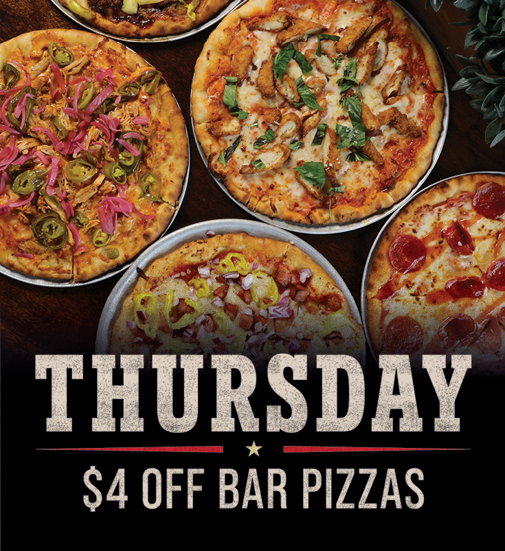 4 pizzas with various toppings and text that reads 'Thursday - $4 off bar pizzas'