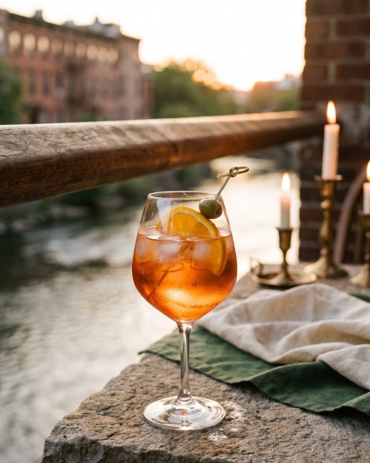 An orange spritz with an olive on a stone ledge by the river at dusk