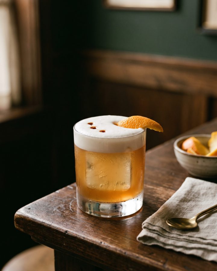 A frothy sour in a coupe with a citrus garnish