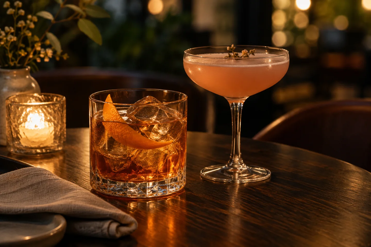 Two alcohol-free drinks on a candlelit table
