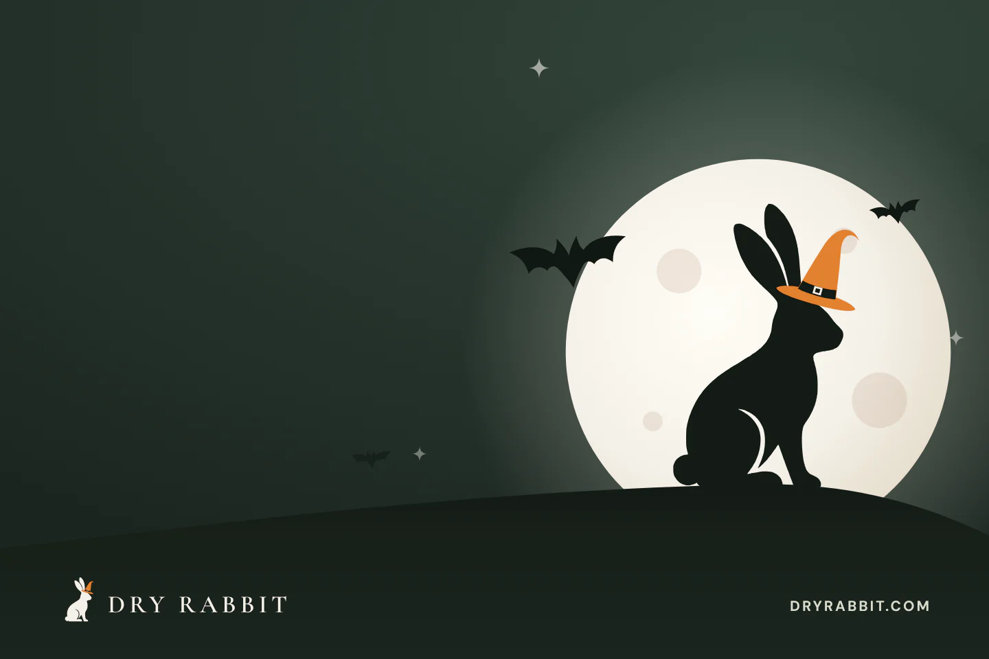 Drawing: the Dry Rabbit rabbit in an orange witch hat sits on a hill against a full moon, bats overhead.