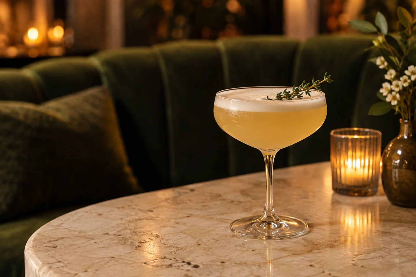 A botanical alcohol-free coupe with a thyme garnish