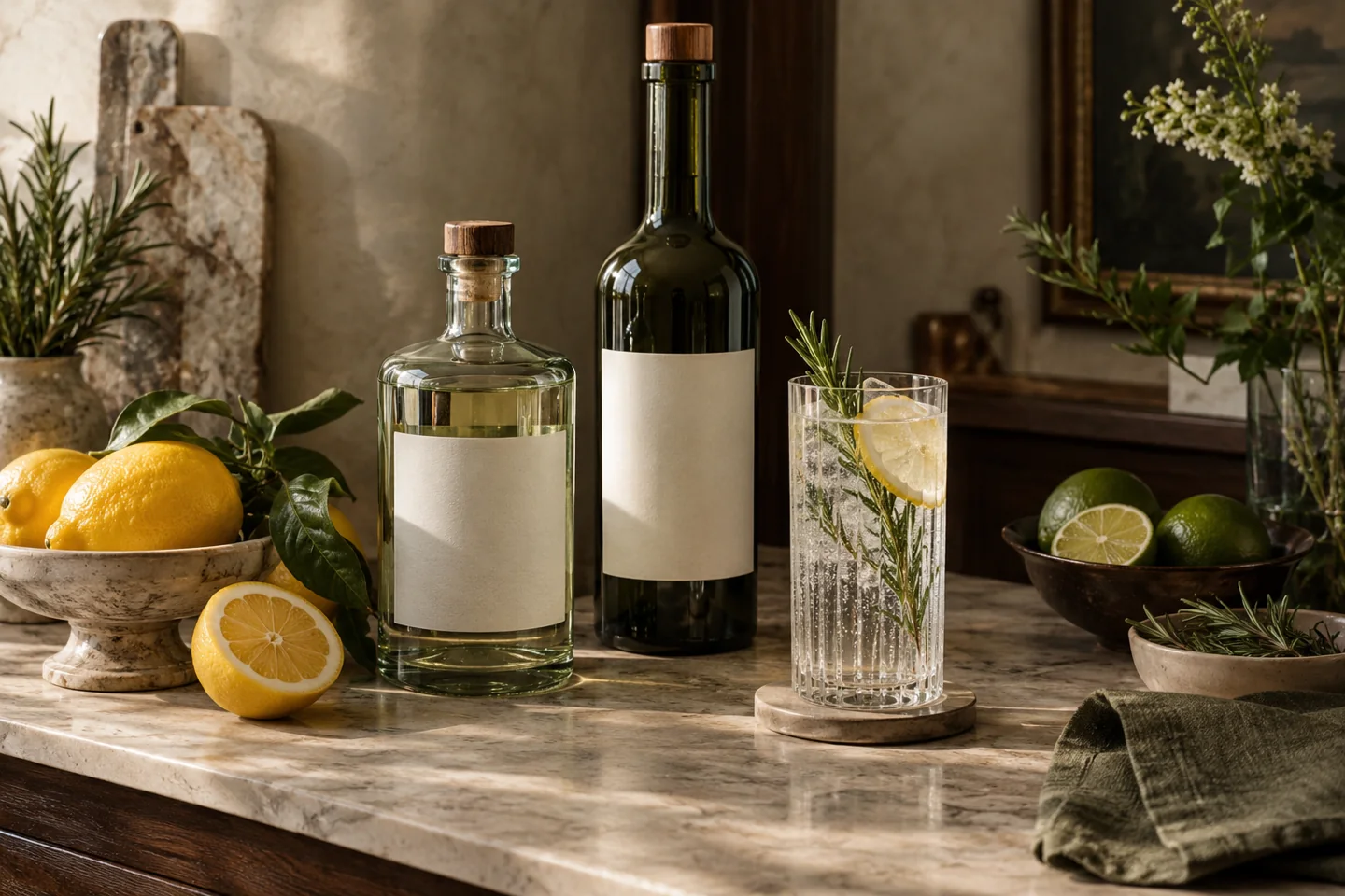 Botanical bottles, fresh citrus, and a sparkling alcohol-free drink