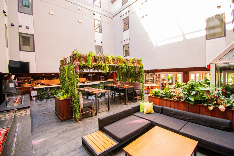 The plant-filled garden atrium at Publico Boston